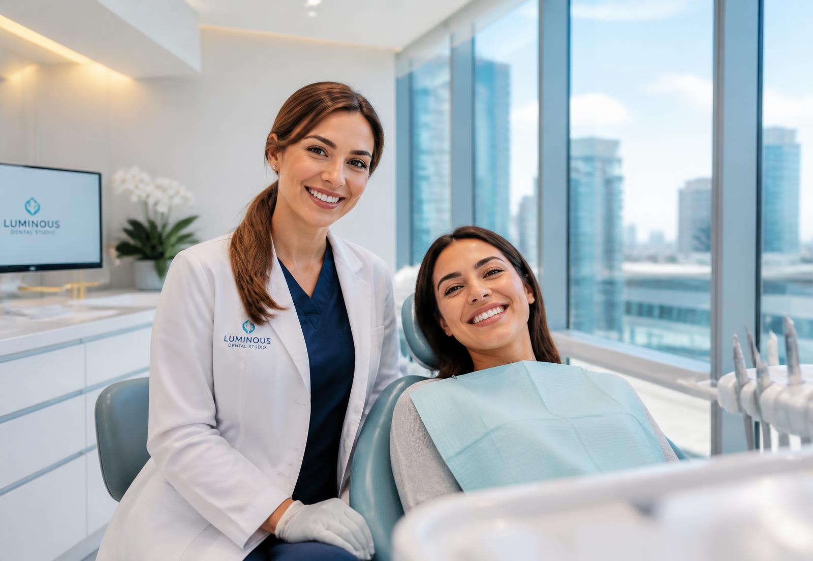 Dentist and patient smiling together in a modern Bright Smile treatment room